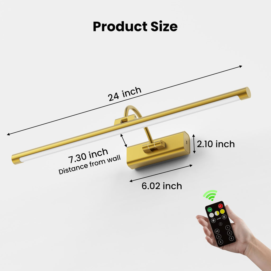 Craftersmark 2 Pack 24" Brass Gallery Picture Lights - 8000mAh Rechargeable Battery Powered Wireless Lighting for Large Gallery, Museum & Living Room