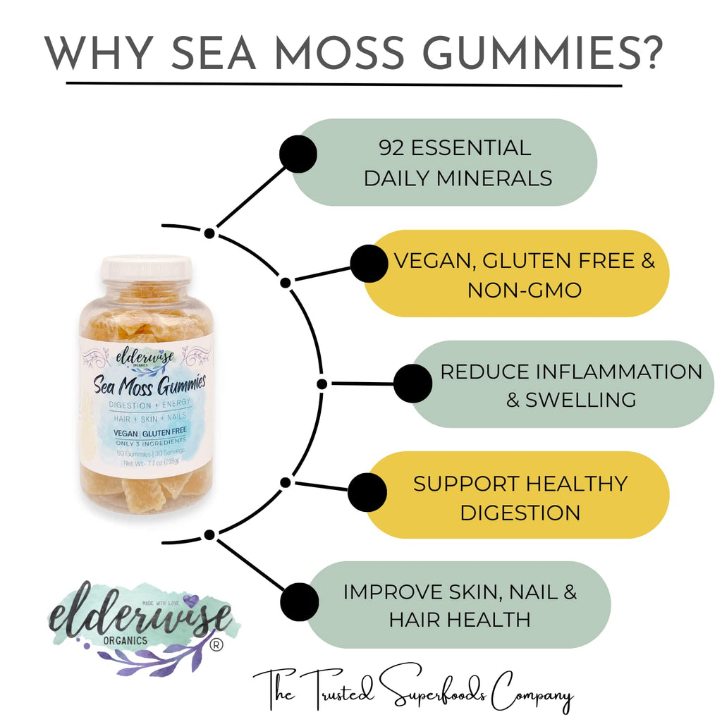 Elderwise Organics Made With Love Sea Moss Gummies | Only 3 Ingredients | Vegan | Premium Ingredients | Gluten Free | Sea Moss Gummy