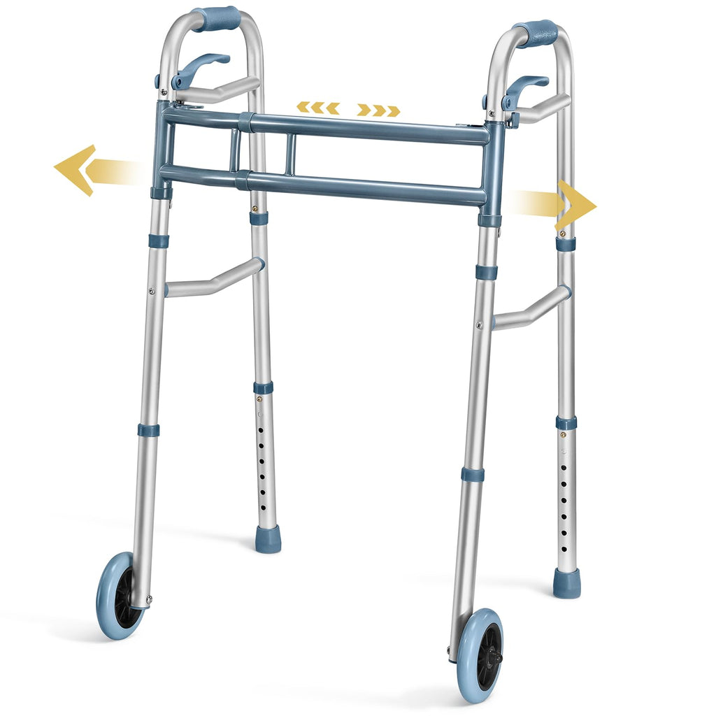 Medical king Walkers for Seniors Aluminum Lightweight Walker with Wheels, Adjustable Width and Height, Folding Walker for Elderly, Handicapped, Disabled 2 Wheels in Front