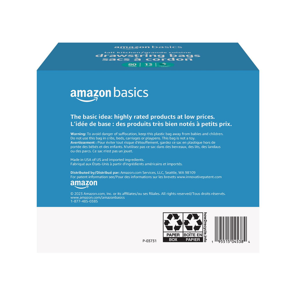 Amazon Basics Ultra-Force Tall Kitchen Drawstring Trash Bags, Classic Clean Scented, 13 Gallon, 80 Count with Odor Control