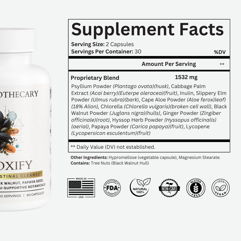 Detoxify Advanced Cleanse - Black Walnut Papaya Seed Herbal Formula - Gut Health Support with Chlorella Psyllium Aloe Fiber - Intestinal Wellness Blend - Vegan Non-GMO Gluten-Free - 60 Capsules