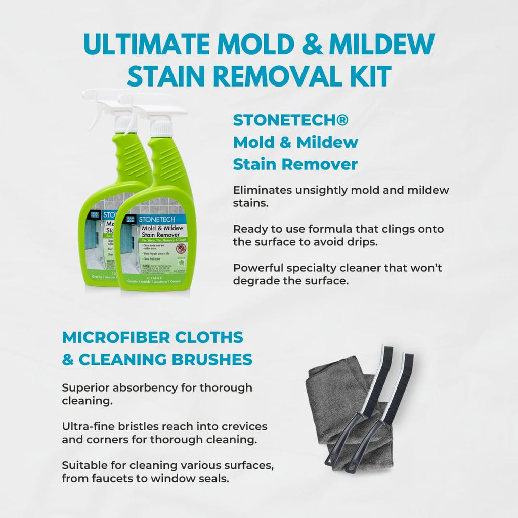 StoneTech Mold and Mildew Stain Remover Cleaning Kit | Kitchen, Patio, Shower, and Bathroom Cleaner for Natural Stone, Tile, and Grout, 2-Pack 24-Ounce Spray with Microfibers and Crevice Brushes