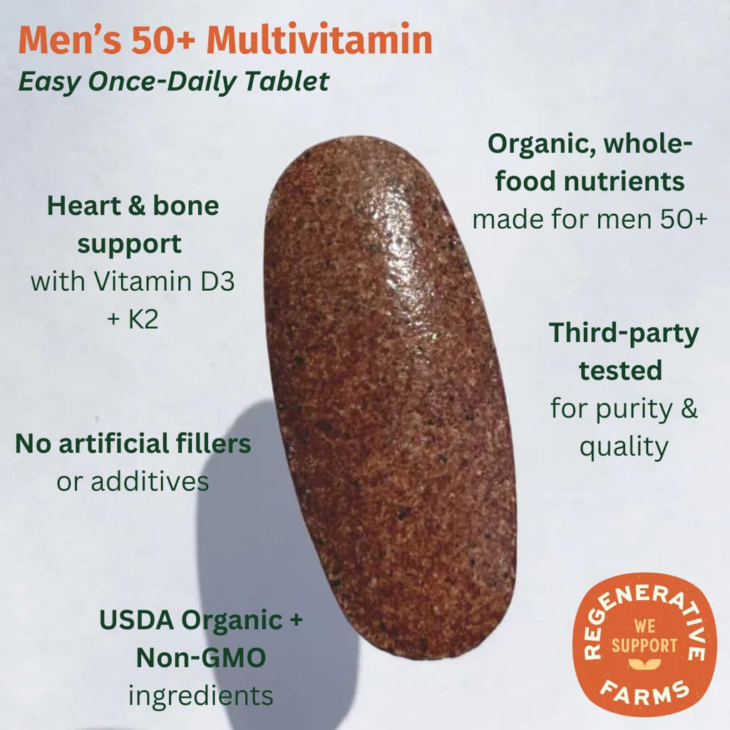 EarthFirst Organic Once Daily Multivitamin for Men 50+, 19 Vitamins from Herbs & Superfoods, Supports Prostate Health, Energy Levels, and Strong Bones, 60 Count