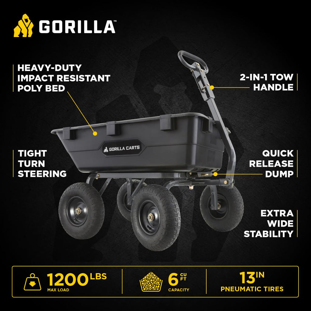 Gorilla Carts Poly Garden Dump Garden Cart with Easy to Assemble Steel Frame, Camping Wagon with Quick Release System, 1200 Pound Capacity, and 13 Inch Tires
