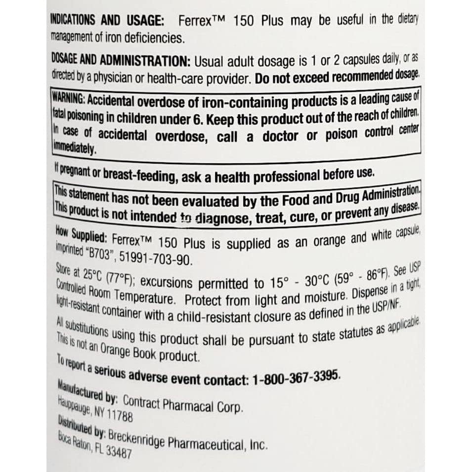 Breckenridge Ferrex 150 Polysaccharide Iron Complex Caps 100ct *Non Blister* by "Breckenridge Pharmaceutical, Inc."