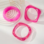 3PCS/Set Chunky Acrylic Resin Bangles Bracelets for Women, Irregular Geometric Designs, Fashion Thick Fuchsia Statement Stackable Bangle Set, Cute Trendy Jewelry, Summer Boho Bracelet Jewelry Gifts (Rose Red)