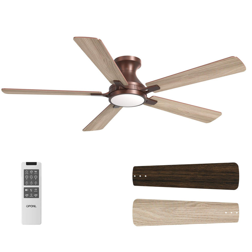 OPONL 52 Inch Ceiling Fans with Light, Brown Ceiling Fan with Light and Remote Control, 6CCT, Dimmable LED, Noiseless DC Reversible Motor, Flush Mount, Low Profile Ceiling Fan for Indoor/Outdoor Use