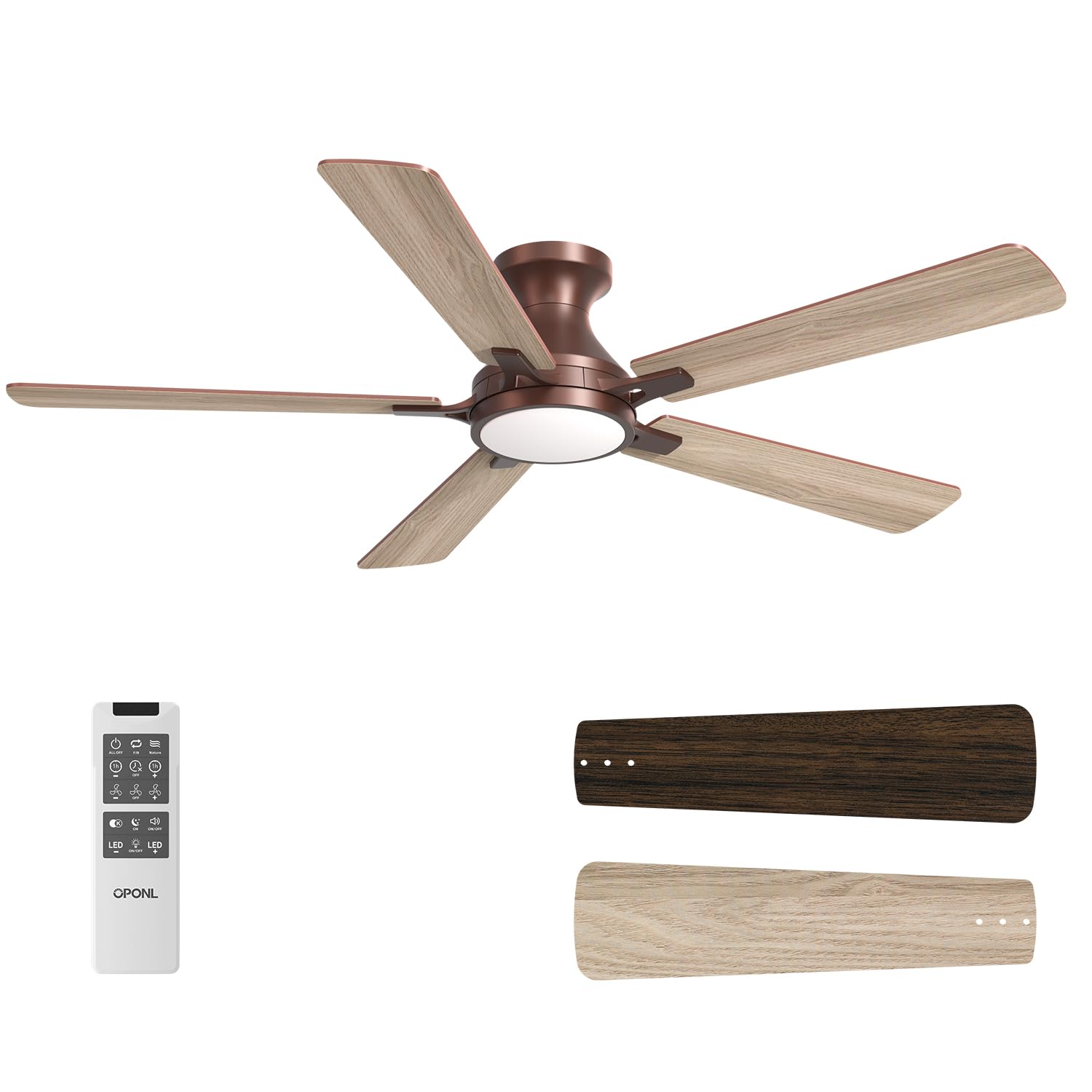 OPONL 52 Inch Ceiling Fans with Light, Brown Ceiling Fan with Light and Remote Control, 6CCT, Dimmable LED, Noiseless DC Reversible Motor, Flush Mount, Low Profile Ceiling Fan for Indoor/Outdoor Use