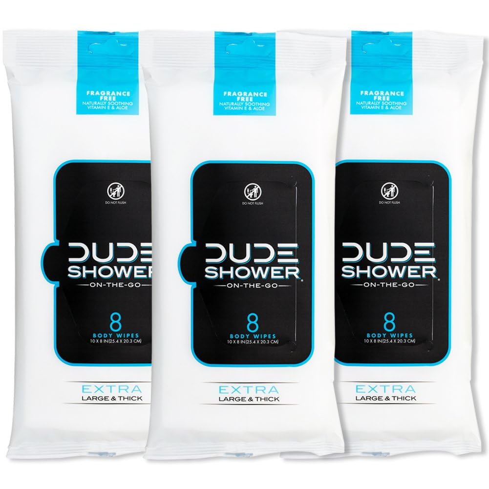 DUDE Wipes Fragrance Free On-The-Go Shower Wipes - Extra-Large and Thick Cleansing Body Wipes for Travel - 3 Packs of 8 (24 Count) - Infused with Vitamin E and Aloe