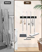 AceMining Broom Holder Wall Mounted, Black 4 Holders and 4 Hooks Mop Holder, Wooden Mop and Broom Holder with Anti slip rubber, Natural pine wood Brush Holder, Mop Wall Holde with Nail installation