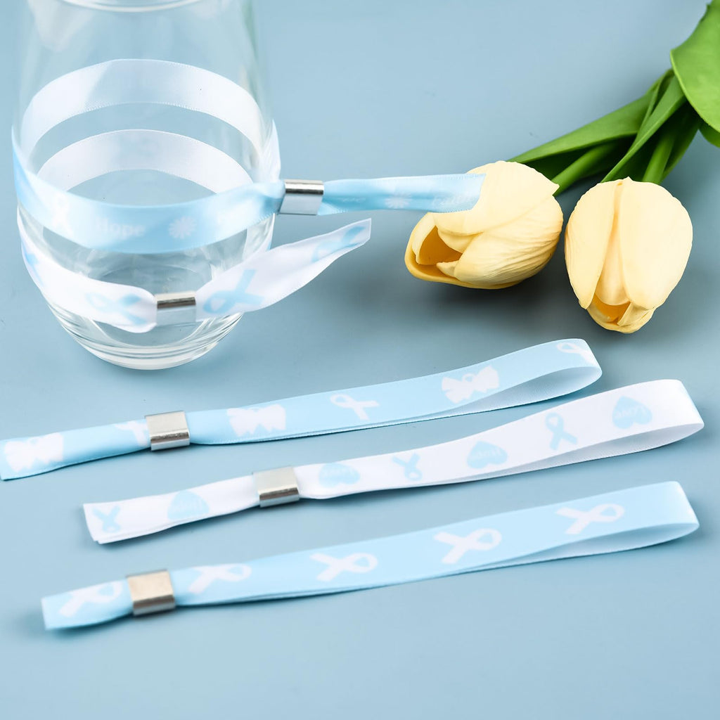 WANDIC 30 Pcs Baby Blue Ribbon Bracelets, 5 Style Polyester Single Side Adjustable Prostate Cancer Awareness Support Wristband for Event Fundraising