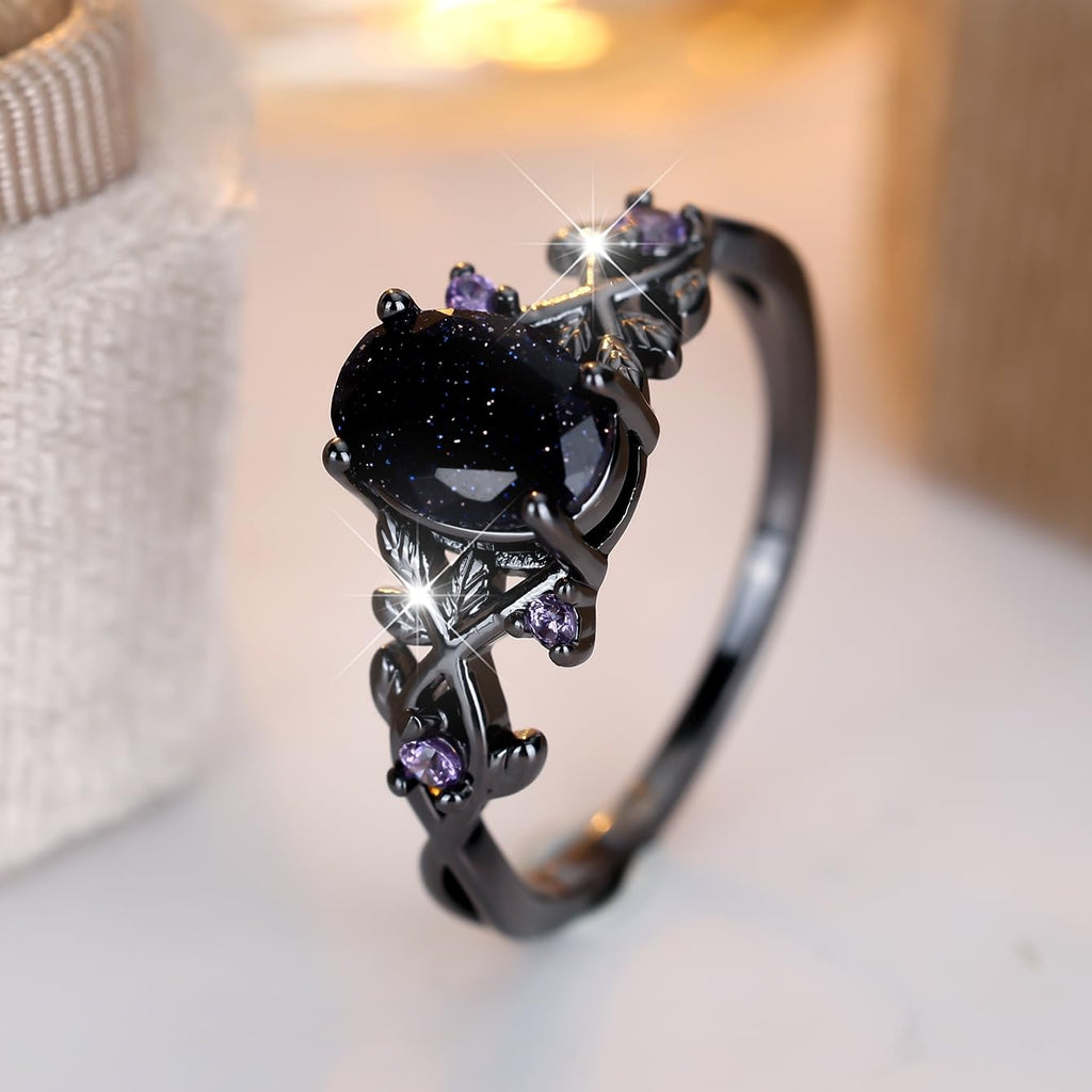 Blue Sandstone Gothic Leaf Ring for Women – 18K Black Gold Plated Vine Promise Statement Ring, Engagement Wedding Band Jewelry Gifts (7)