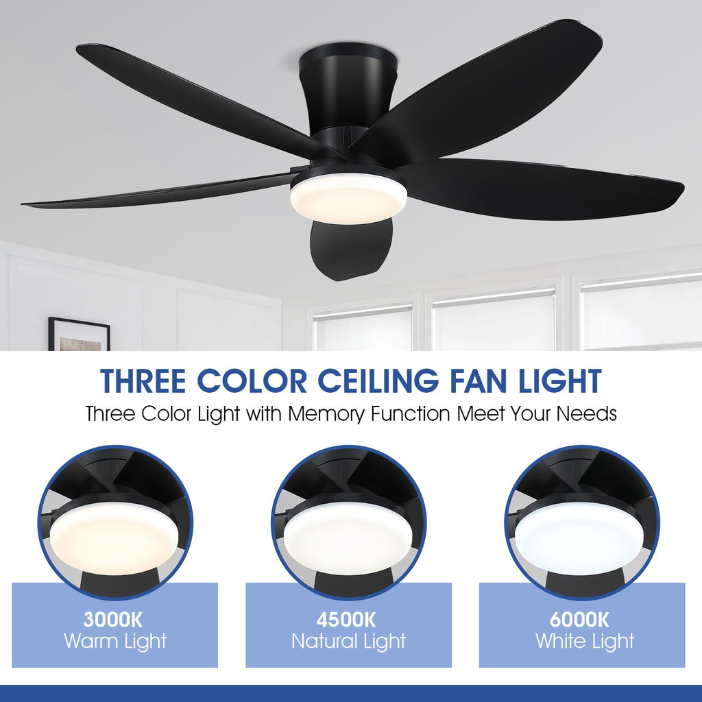 Surtime 42" Ceiling Fans with Lights-Low Profile Ceiling Fan with Light and Remote Control,Flush Mount,DC Reversible,LED Dimmable Blakc Ceiling Fans for Bedroom,Indoor/Outdoor Patio Use