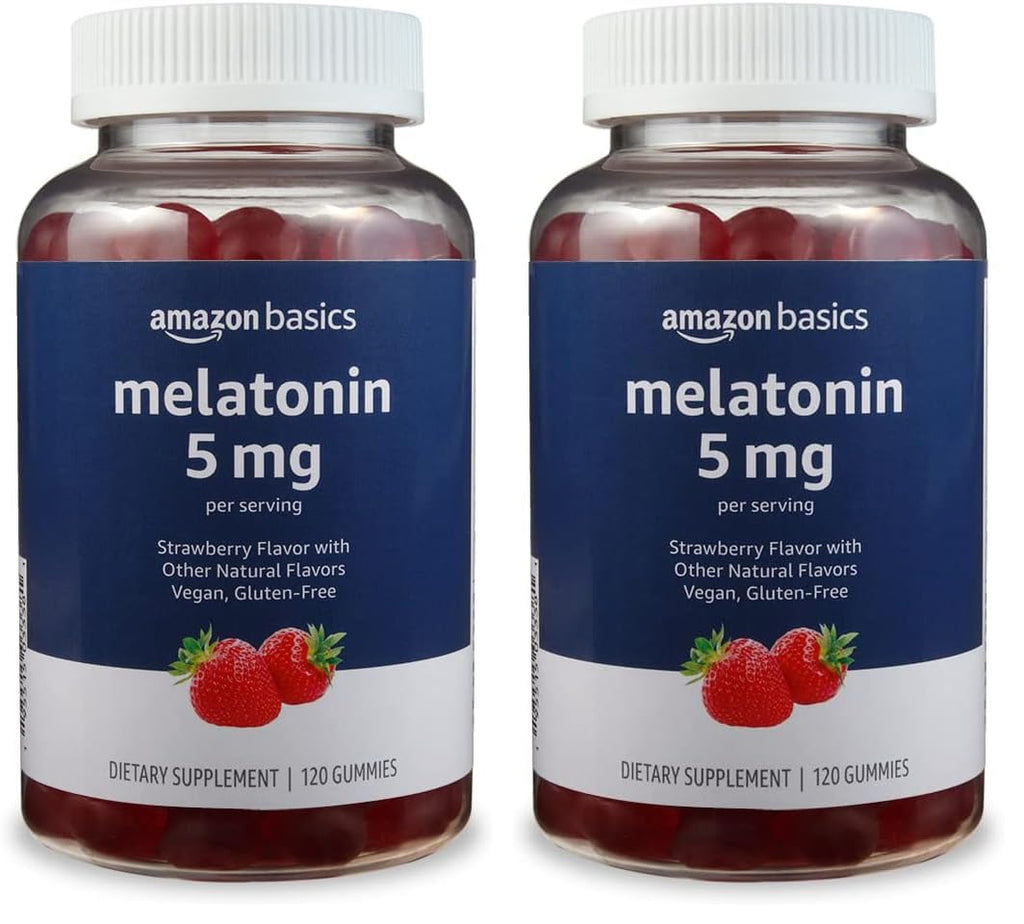 Amazon Basics Melatonin 5mg, Strawberry (Previously Solimo) 120 Gummies (2 per Serving) (Pack of 2)