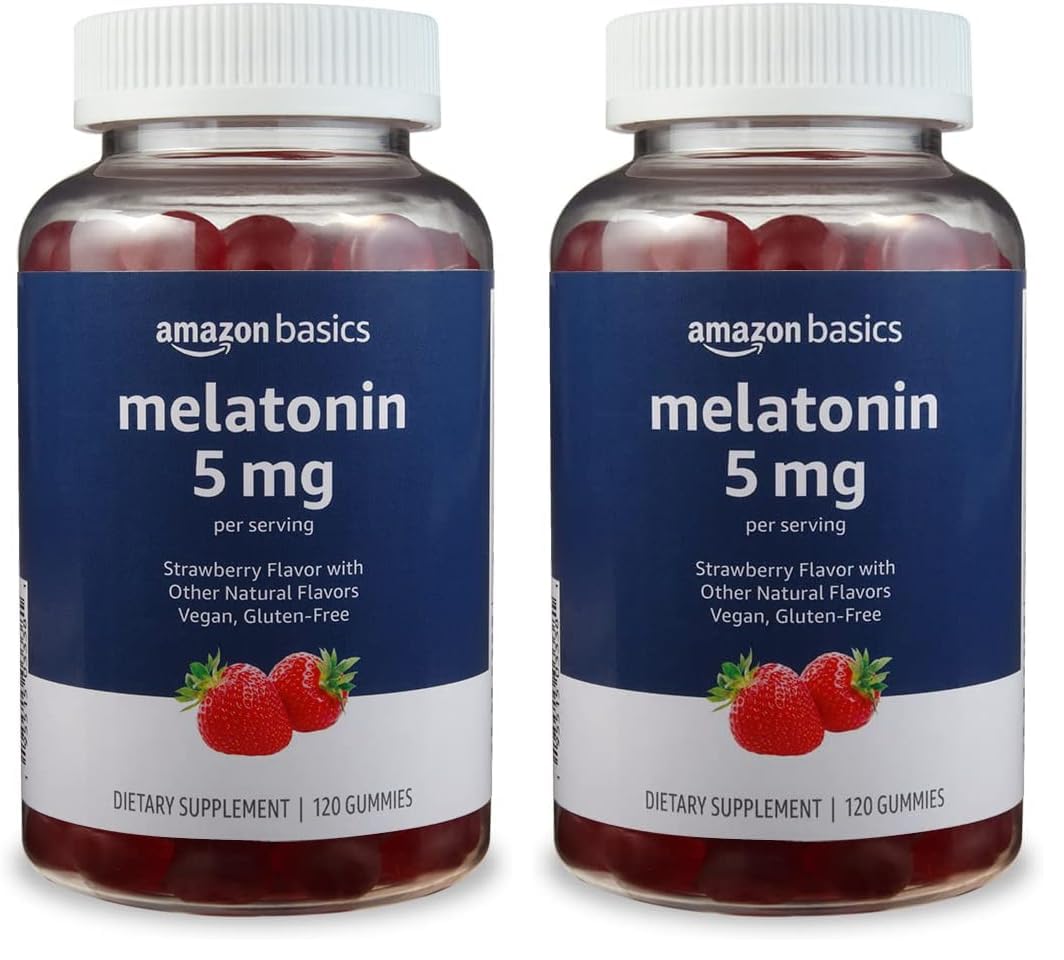 Amazon Basics Melatonin 5mg, Strawberry (Previously Solimo) 120 Gummies (2 per Serving) (Pack of 2)