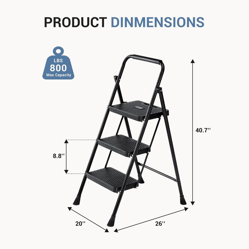 DUMOS 3 Step Ladder, Sturdy Step Stool with Anti-Slip Pedal & Comfortable Handrail, Portable Heavy Duty Step Stool for Kitchen, Garage & Outdoor Use, 800lbs, Black
