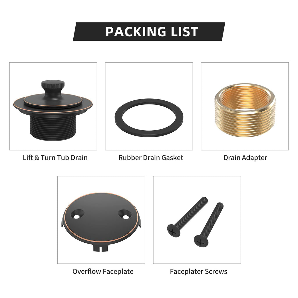 Oil Rubbed Bronze Tub Drain Trim Set Conversion Kit Assembly，All Brass Lift & Turn Bathtub Drain Replacement Trim Kit with Two-Hole Overflow Faceplate and Universal Fine/Coarse Thread