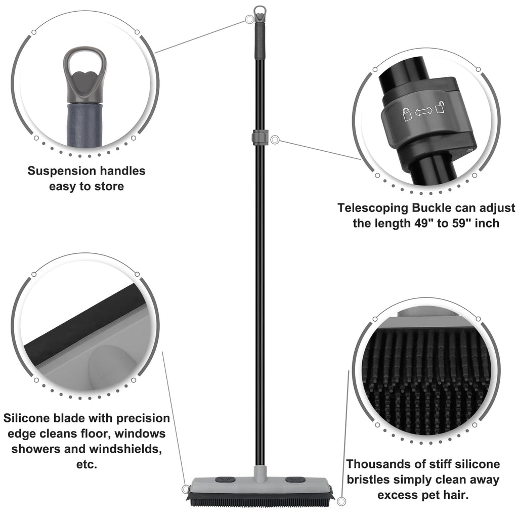 Pet Hair Removal Rubber Broom with Squeegee, Carpet Rake for Pet Hair with 59" Telescoping Long Handle, Fur Remover Rake for Carpet, Hardwood Floor, Tile