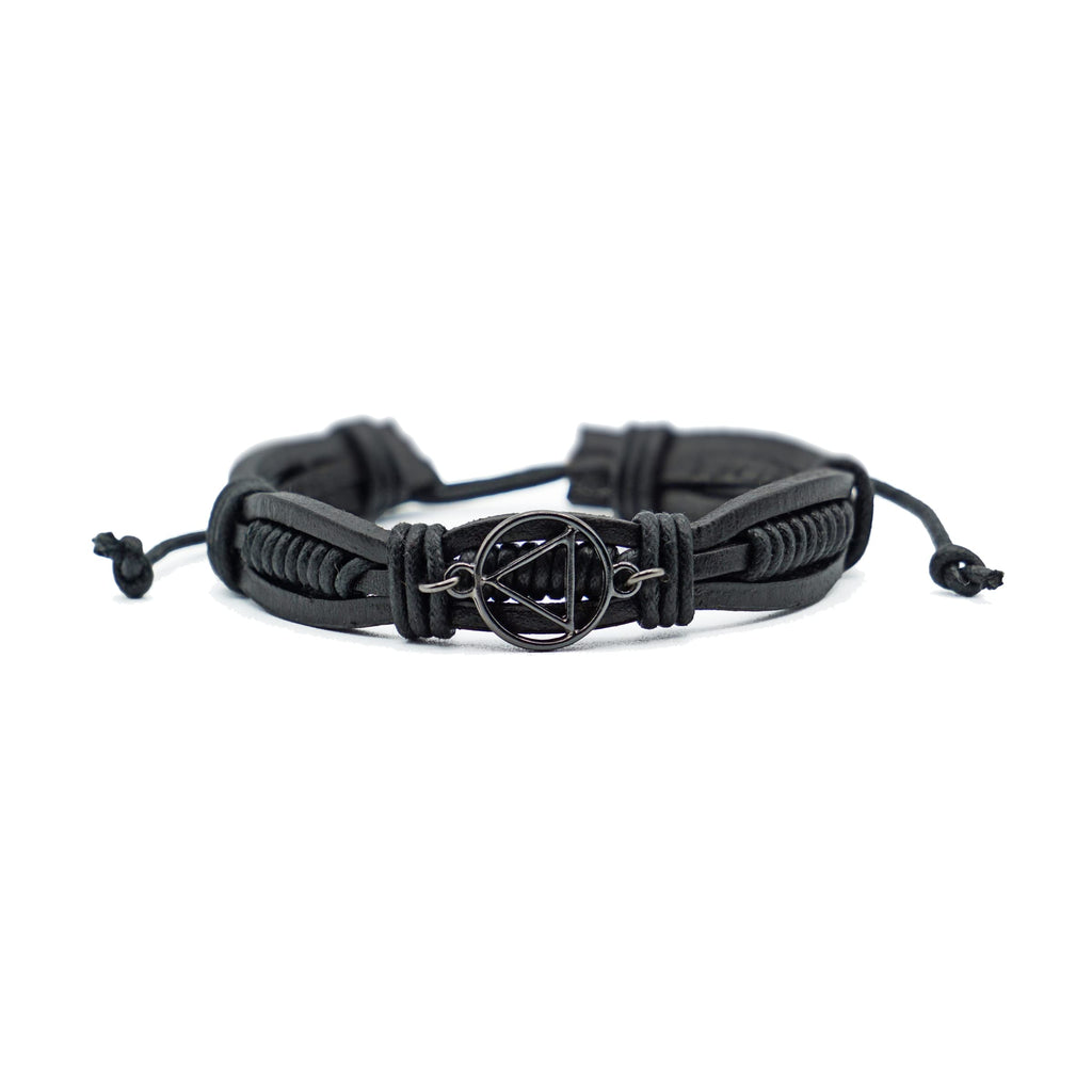 Adjustable Black Leather AA Bracelet with Alcoholics Anonymous Charm