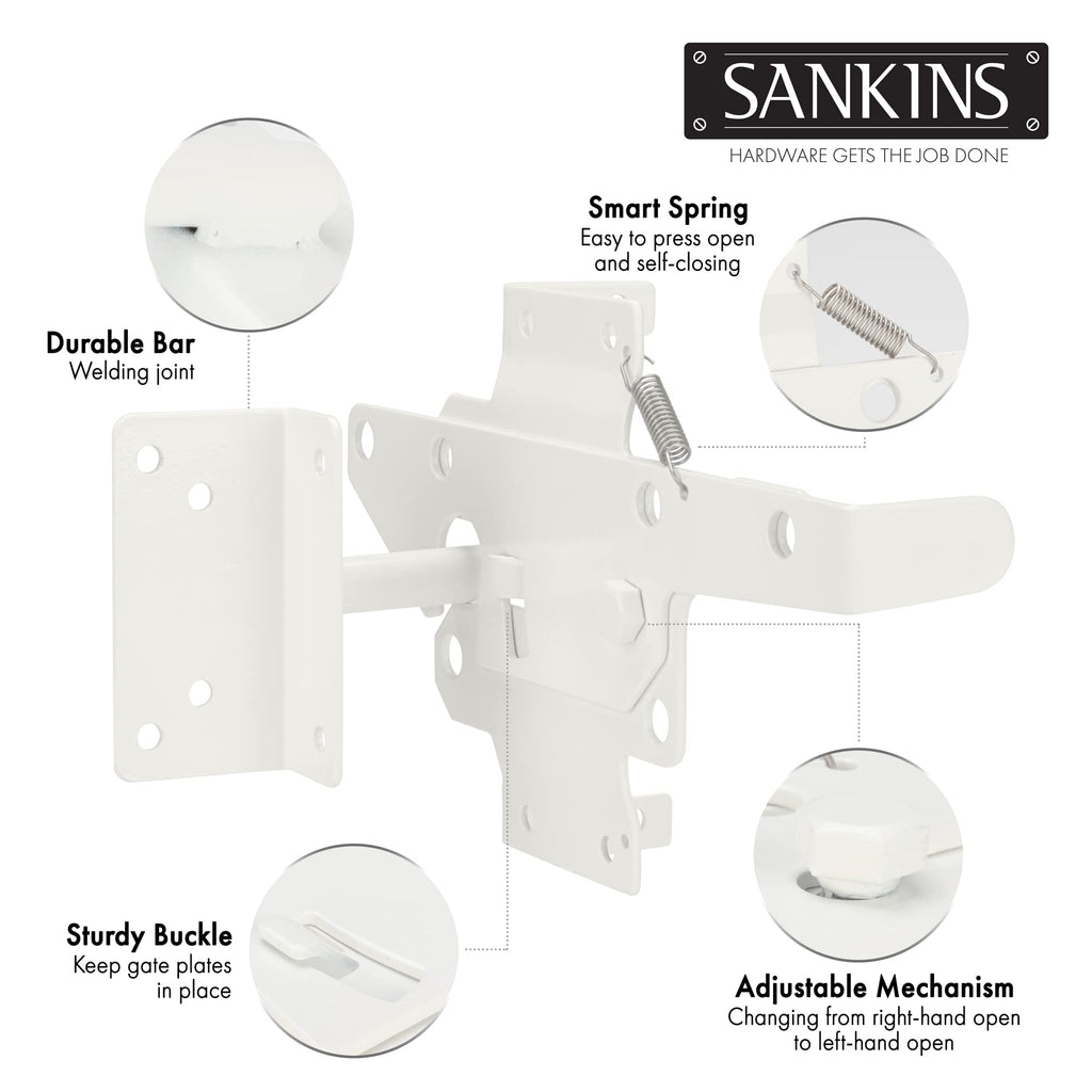 Self-Locking Gate Latch Heavy Duty Post Mount Automatic Gravity Lever for Wooden/PVC Fence, Door Lock with Fasteners Hardware for Secure Pool |Yard | Garden, Steel, White