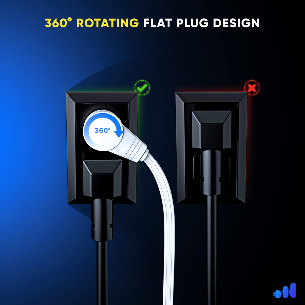 Maximm 360 Rotating Flat Plug Extension Cord 30 feet with Slim Space-Saving Plug Design, Low Profile (White)