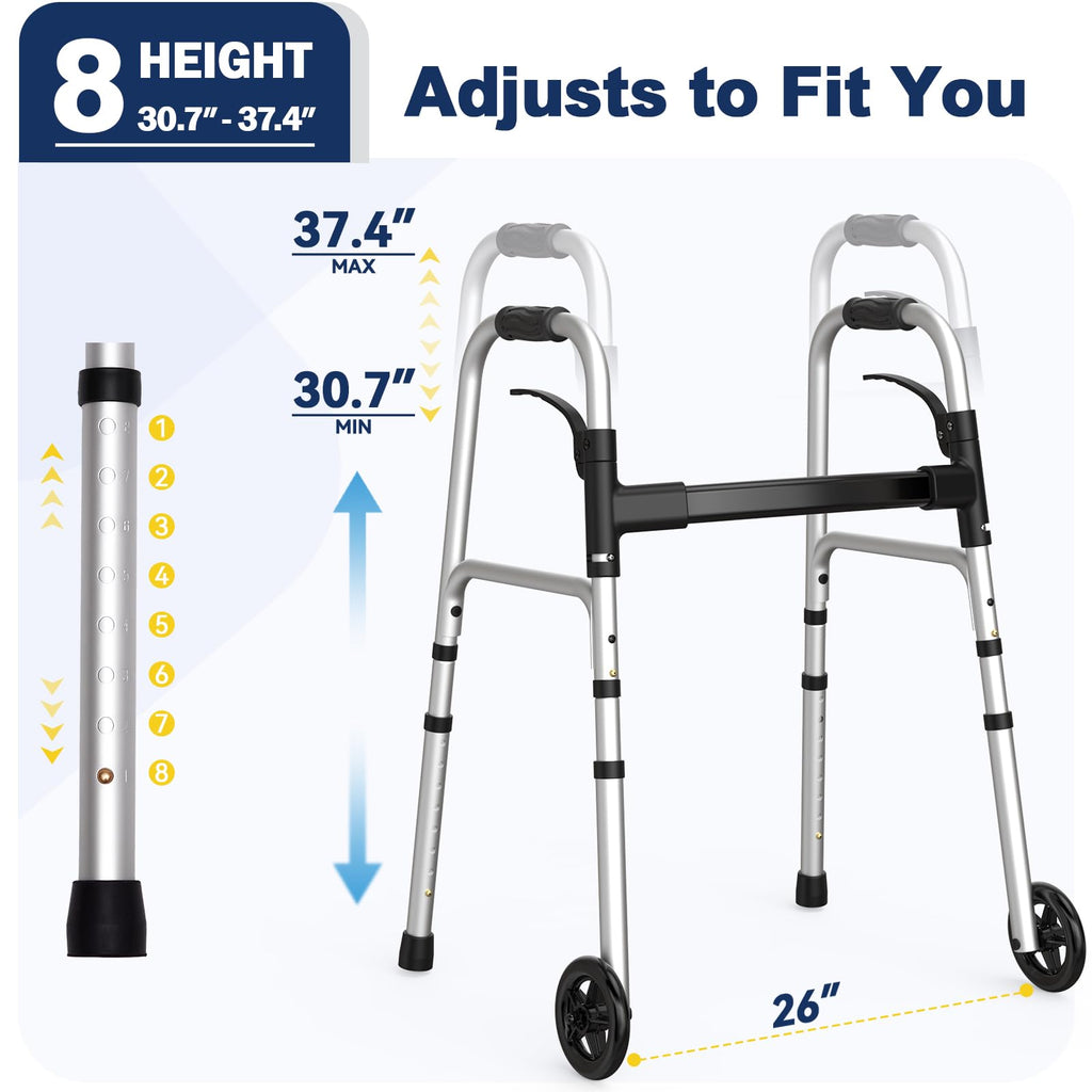 HolyHeal Folding Walkers for Seniors with 2 Skis and 5" Wheels, Lightweight Adult Rolling Walker, Supports Up to 350 Pounds, Adjustable Height, Aluminum Standard Walker, Silver