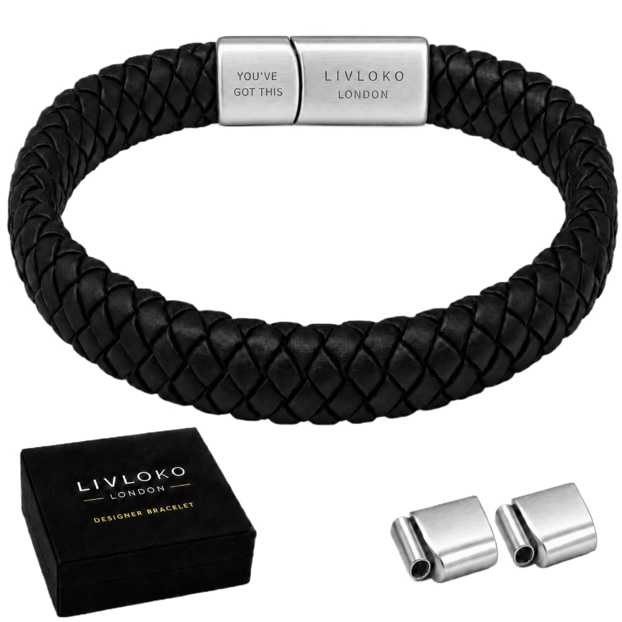 LIVLOKO LONDON Handcrafted Mens Braided Leather Bracelet for Men, Adjustable Stainless Steel Clasp Wrist Bracelet, Motivational Meaningful Personalized Gift for Him, Birthday Fathers Day Gift with Premium Gift Box, Black