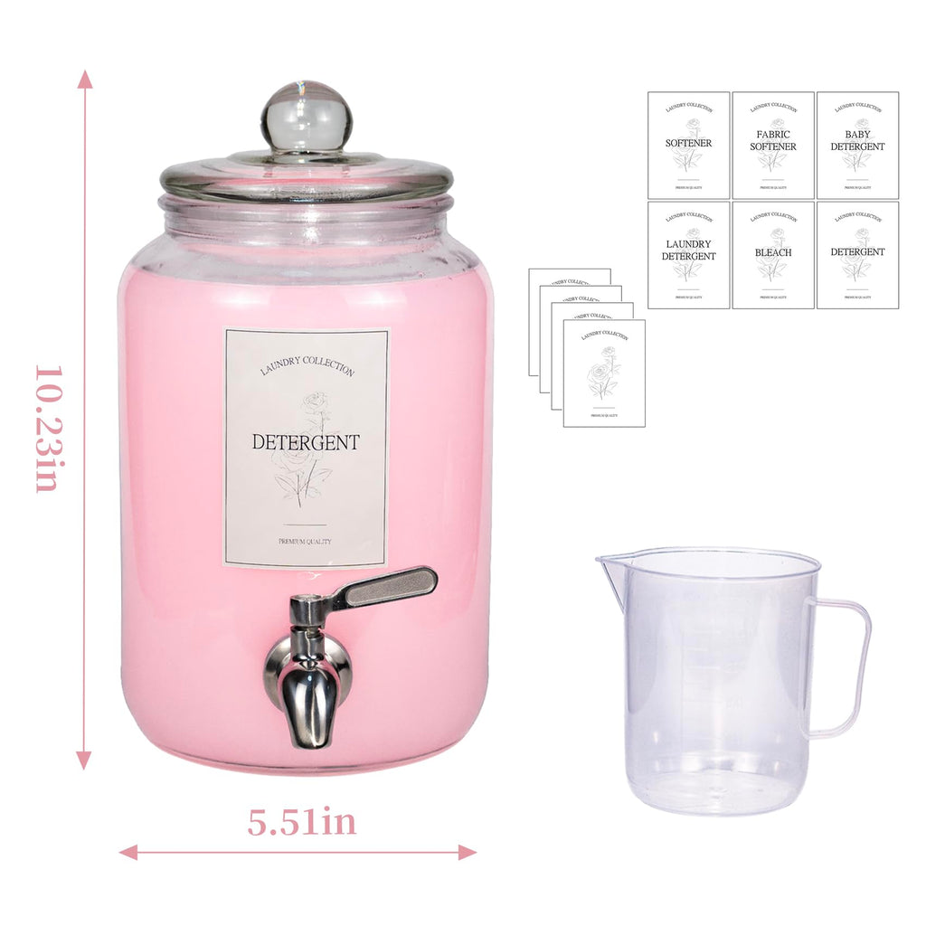 Large Liquid Laundry Detergent Dispenser with Spigots and Measuring Cups,108oz Leak-Proof Glass Fabric Softener,Reusable Glass Detergent Dispenser for Laundry Room Organizer and Storage(1)