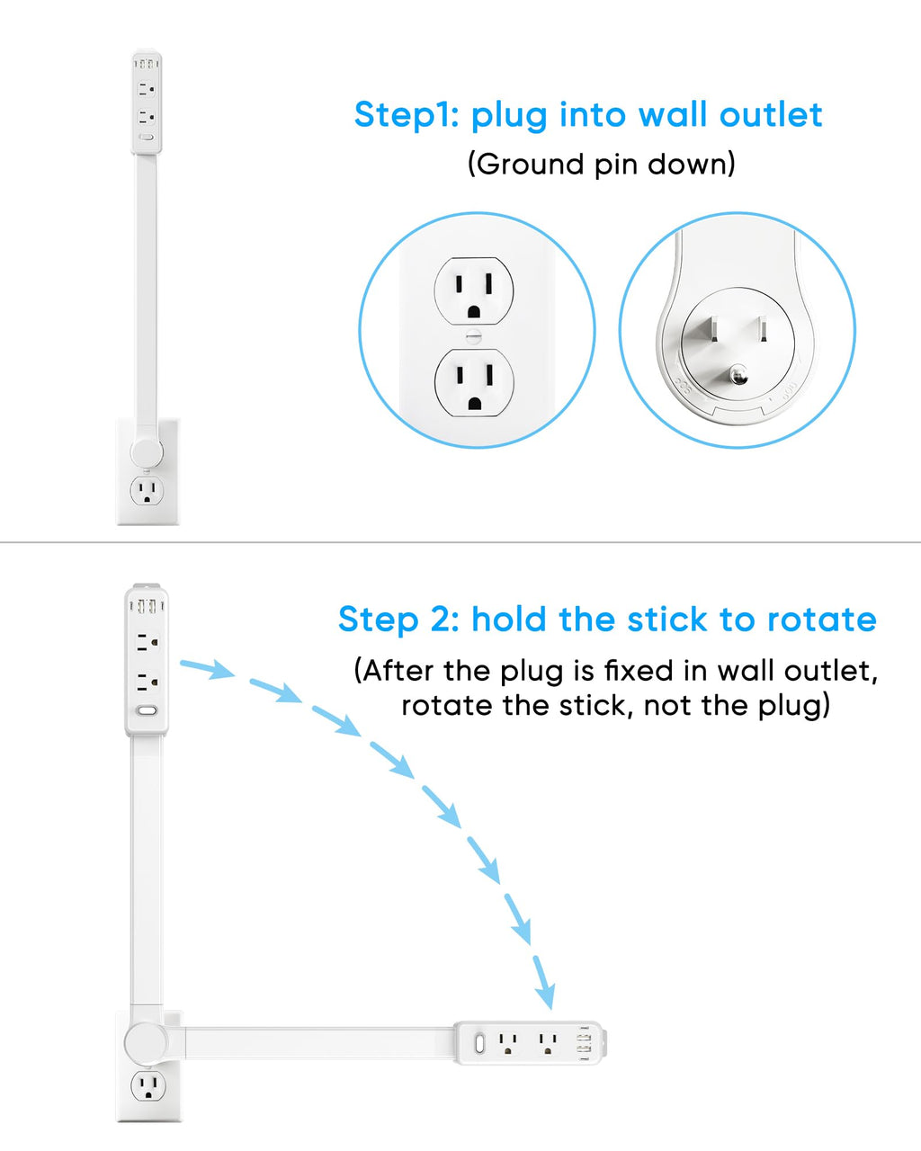 Olcorife Outlet Extender Stick, Power Strip with 6 Outlets & 4 USB Ports, Extends 22"-34", Rotates 180°(90° per Side), Home Dorm Essential for Nightstand, Couch and Desk