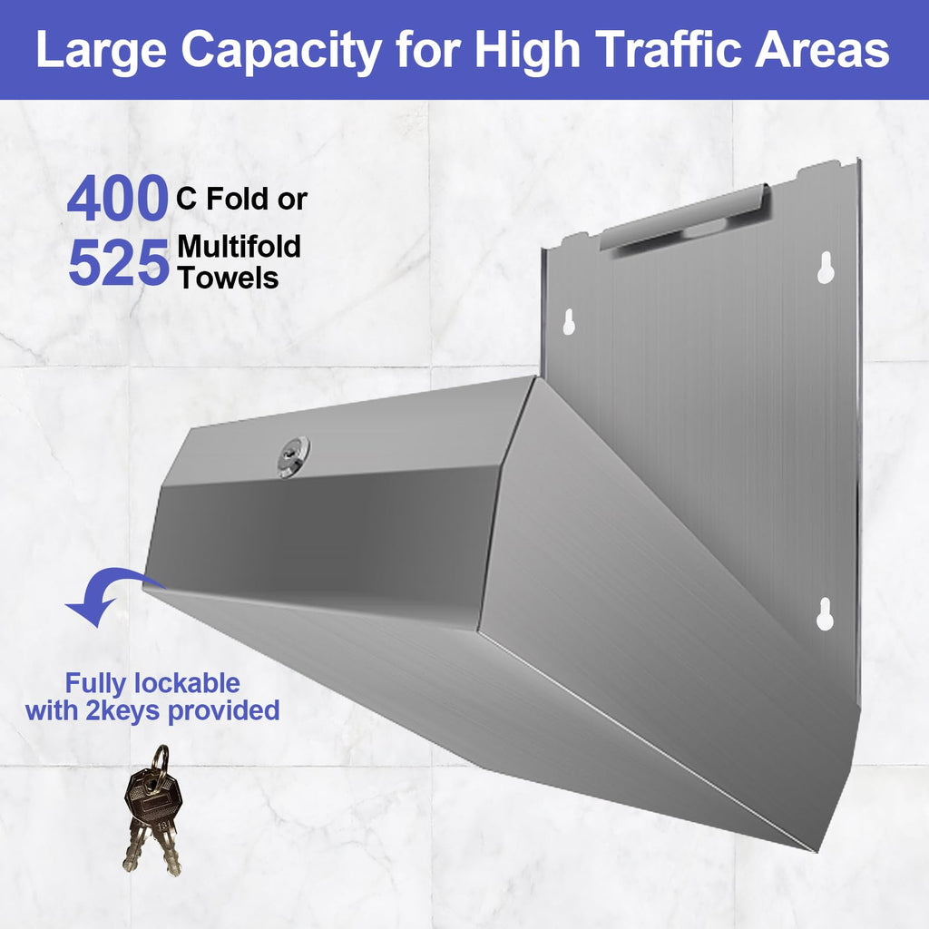Stardrix Paper Towel Dispenser Wall Mount, Brushed Stainless Steel Commercial Paper Towel Holder with Lock, Large Capacity 400 C Fold/525 Multifold Towels