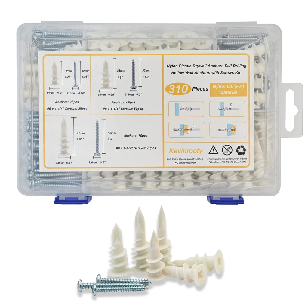 Kevinrooty 3 Sizes Self Drilling Drywall Anchors, 310PCS Nylon Plastic Wall Anchors and Screws for Drywall, No Pre Drill Hole Preparation Required,13x32mm,15x33mm,13x42mm