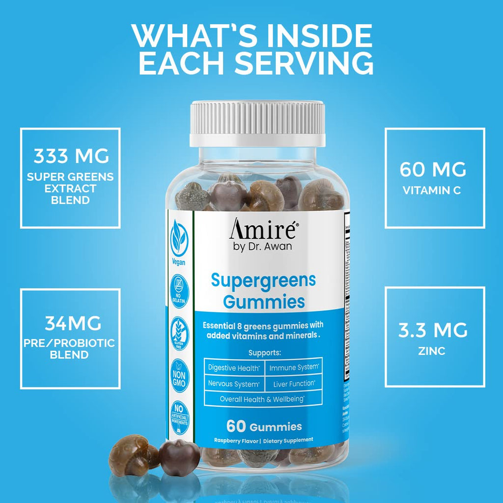 Amire by Dr. Awan Super Greens Gummies, Fruits & Veggies Supplement, Green Superfood for Immunity, Metabolism, Liver Function & Nervous System, Essential 8 Greens, 240ct, 4-Months Supply
