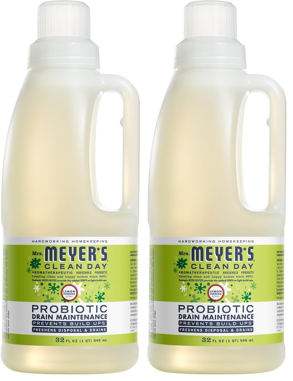 MRS. MEYER'S CLEAN DAY Probiotic Drain Maintenance Liquid,Lemon Verbena,Freshens Disposals and Drains,32 Fl Oz,(Pack of 2)