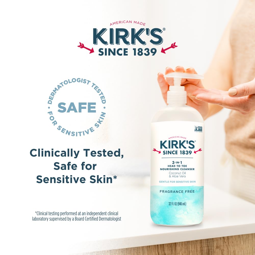 Kirk's 3-in-1 Head to Toe Nourishing Liquid Cleanser- for Men, Women & Children - Premium Coconut Oil & Aloe Vera- Non GMO & Vegan -Fragrance Free - 32 Fl Oz.