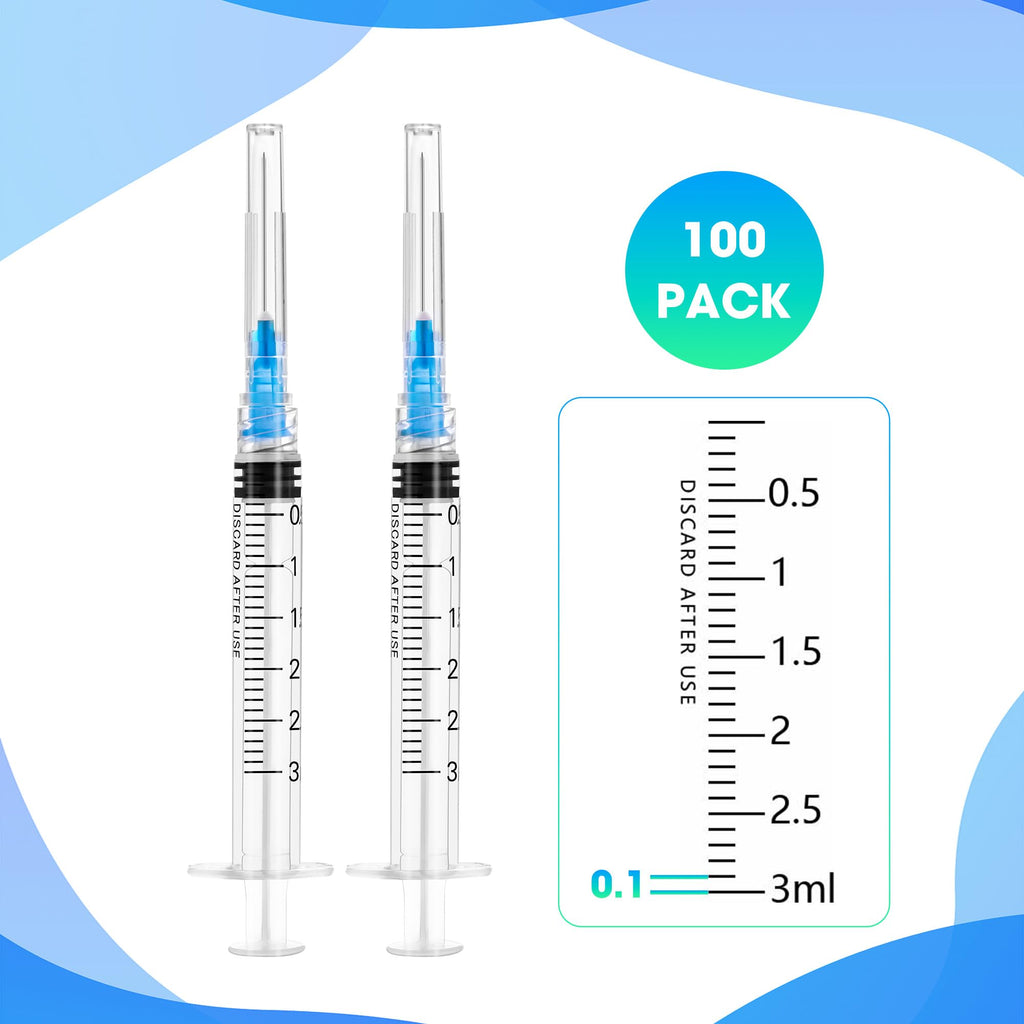 Meterbox 100 Pack 3ml Syringes with Needle - 23G 1 inch Disposable 3cc Luer Lock Syringe for Scientific Lab Use, Sterile Individually Wrapped