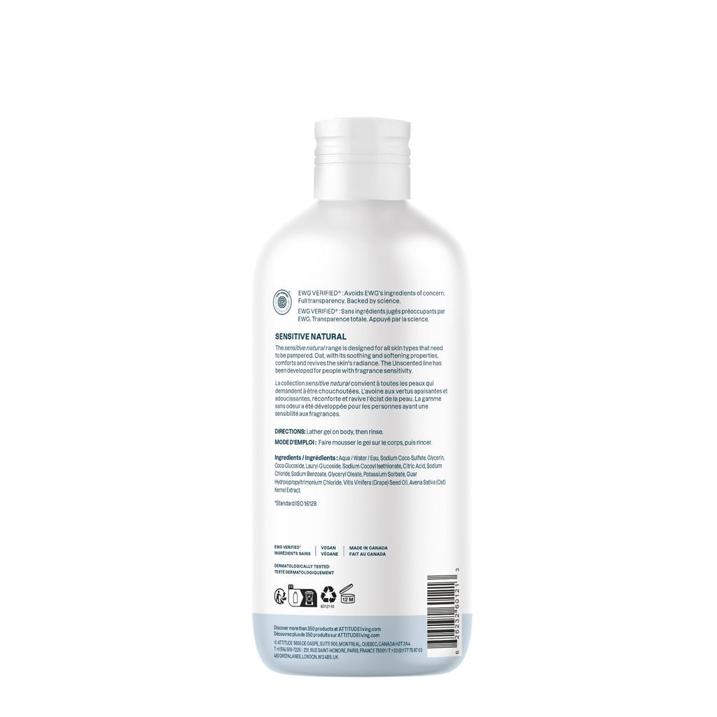 ATTITUDE Body Wash for Sensitive Skin with Oat, EWG Verified, Dermatologically Tested, Vegan, Extra Gentle, Unscented, 16 Fl Oz