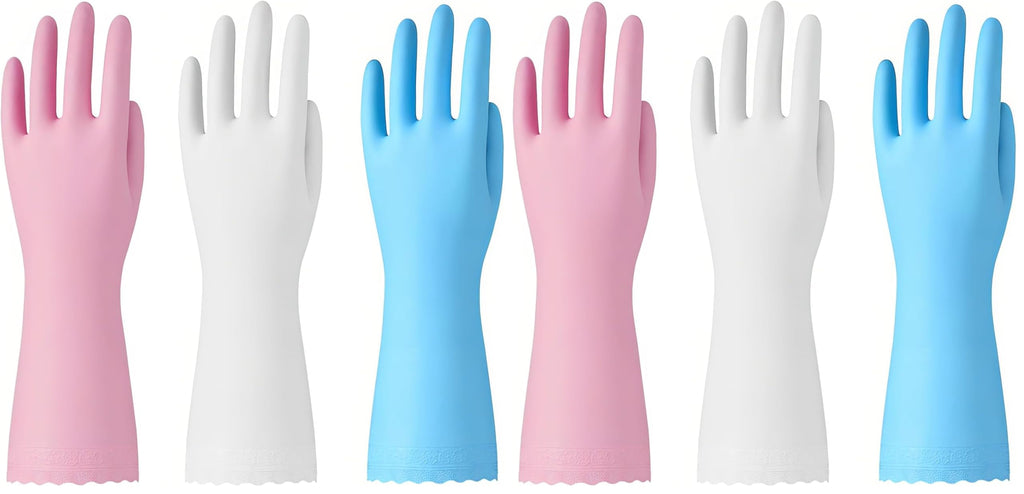 Bamllum Rubber Cleaning Gloves - 3 Pairs Latex Free Kitchen Cleaning Gloves with Cotton Liner- Household Dishwashing Gloves, Non- Slip Waterproof (Medium, Blue+Pink+White) (Pack of 2)