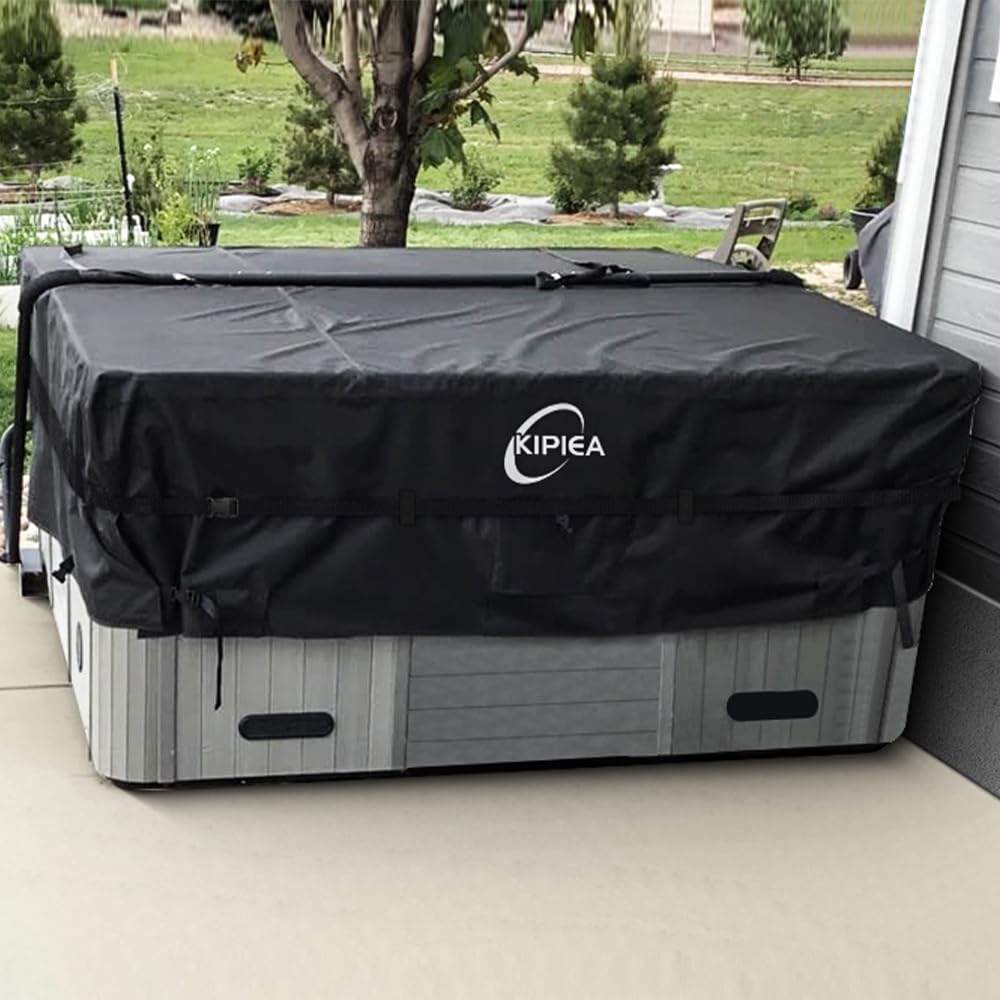Kipiea 600D Outdoor Waterproof Square Hot Tub Cover Protector, Heavy Duty Polyester SPA Cover UV Protection Cover 95" L x 95" W x 20" H, Black