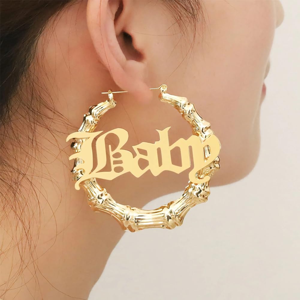 Pselysian Custom Name Hoop Earrings, Personalized Bamboo Earrings, 18K Gold Plated Big Hoop Earrings, Custmized Gifts for Mom Grandma Women (30MM)