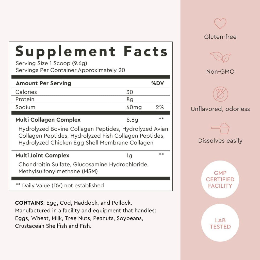 Alaya Multi Collagen Powder - Supports Hair, Skin, Nails & Bone Health for Women and Men - 5 Types Hydrolyzed Collagen Peptides Protein Powder Supplement with MSM + Glucosamine (20 Serving)