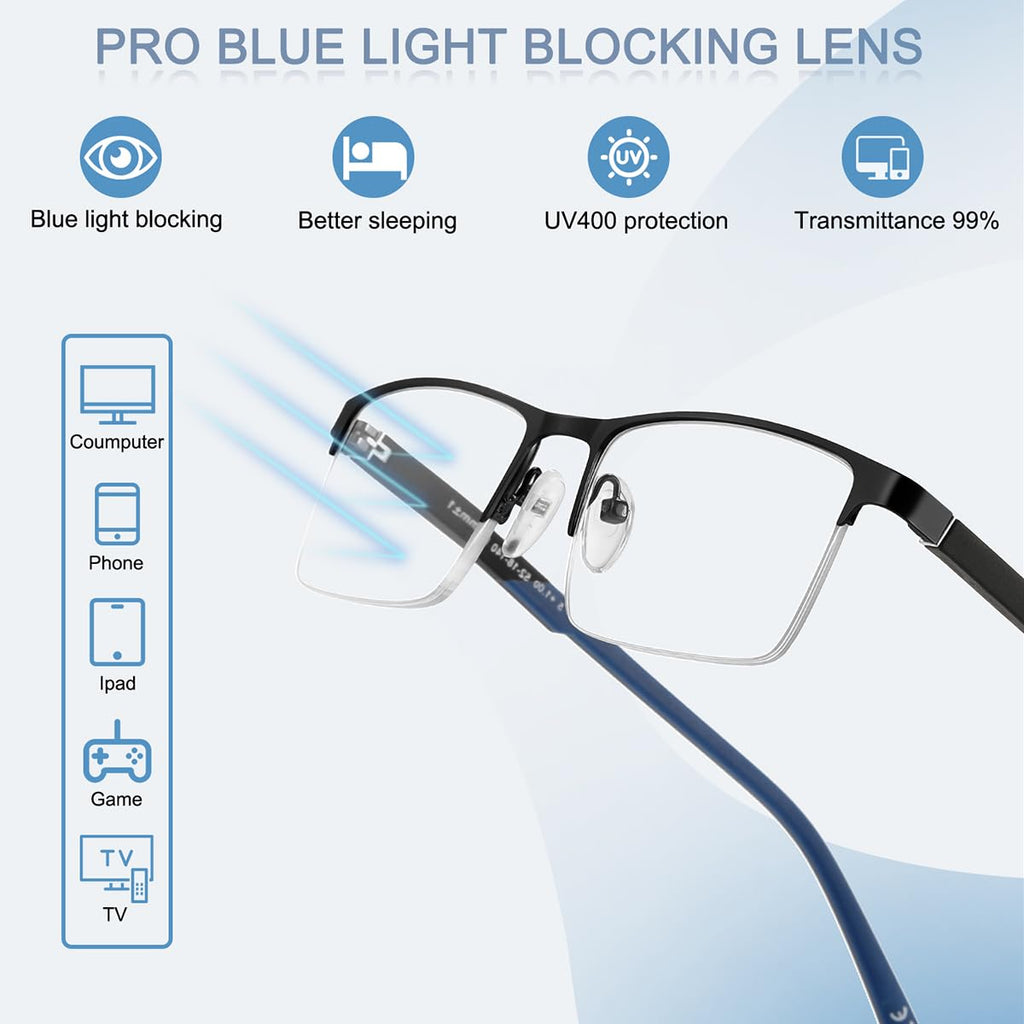 EYECEDAR 5 Pack Premium Blue Light Blocking Reading Glasses Men Metal Half Frame Spring Hinges Computer Readers for Men and Women 1.75