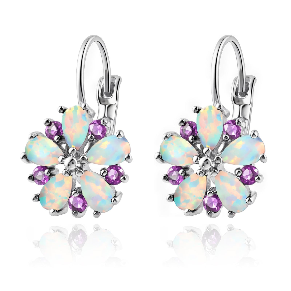 Elaximn Vintage Silver Flower Opal Earrings