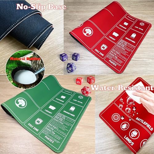 Card Game Playmats MTG Playmat for Beginner 2 Pack with Dices, Magic Mat Commander Deck Card Playmat for TCG MTG Accessories Play Mat 24x14 Inches Duel Card Battles, Red/Green