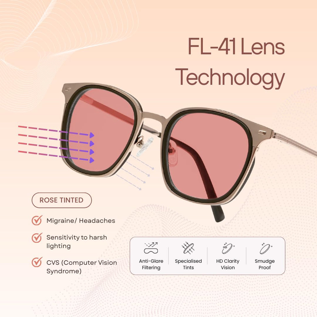BRADDELL FL-41 Photochromic Transitional Rose Migraine Light Sensitivity Glasses for Fluorescent LED Glare & Concussion