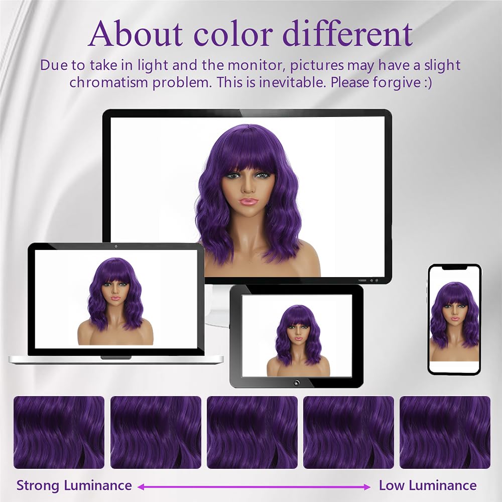 Mxayhnajxl Dark Purple Wigs with Bangs for Women 14 Inch Short Wavy Bob Wigs Synthetic Bob Wig Curly Wig Heat Resistant Colorful Wavy Wig Cosplay Wigs For Daily Party Halloween