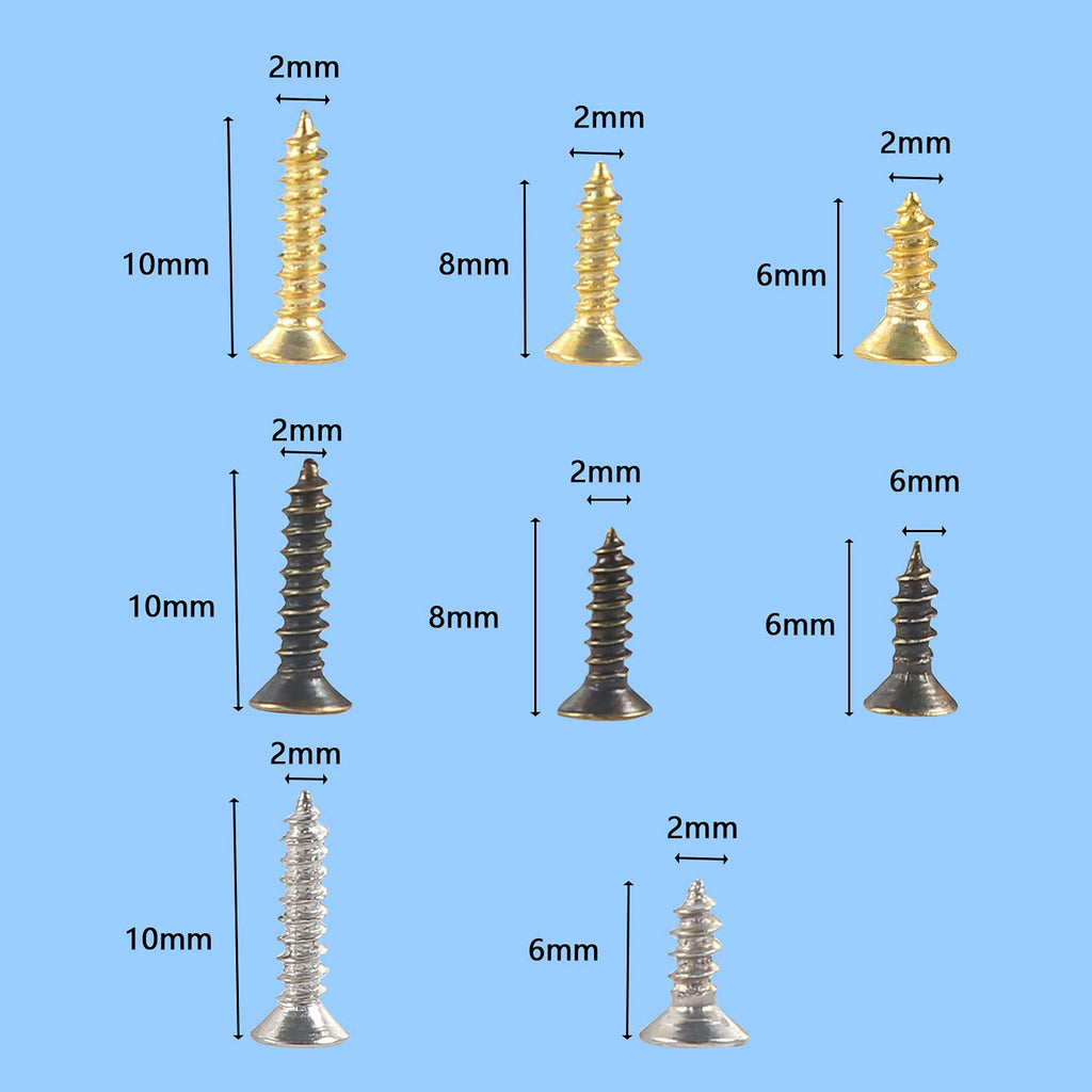 Small Screws for Small Hinge Antique Self Tapping Screws Multi-Purpose DIY Screws Set Gold Silver Bronze 2x6mm/0.07x0.23 "2x8mm/0.07x0.31" 2x10mm/0.07x0.39" 1600pcs