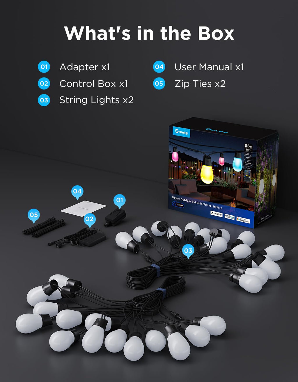 Govee S14 Bulb Outdoor String Lights 2, 96ft Smart RGBIC Warm White Lights with 30 LED Bulbs(2 Ropes of 48ft), 111 Scene Modes for Patio Decor, IP66 Compatible with Alexa, Google, Matter, APP Control