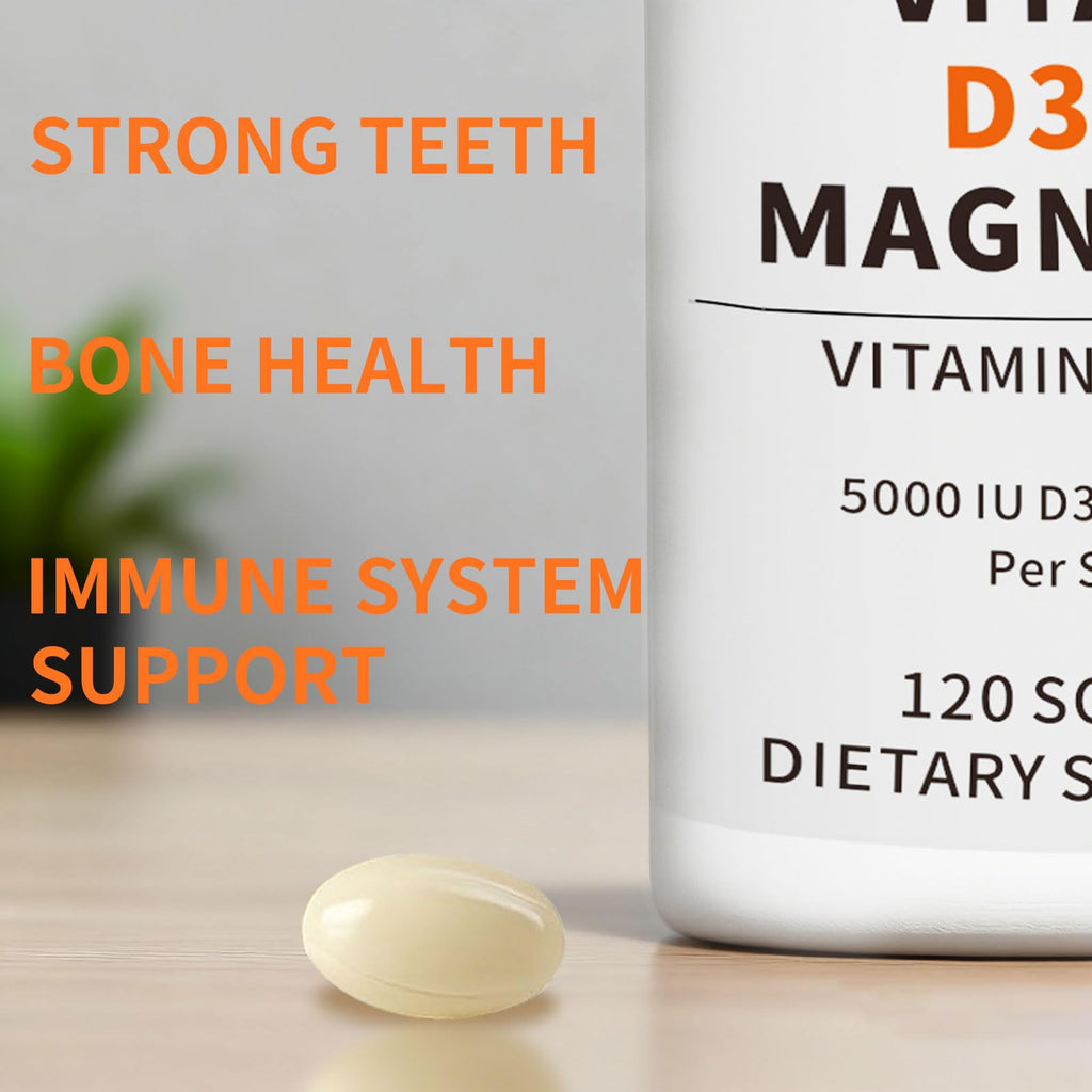 YMINGKJ Vitamin D3 K2 5000 IU 120 Softgels with Magnesium Supplement - & 120mcg MK-7 K2 for Bone Health & Immune Support - Non-GMO & Gluten-Free Softgels with MCT Oil