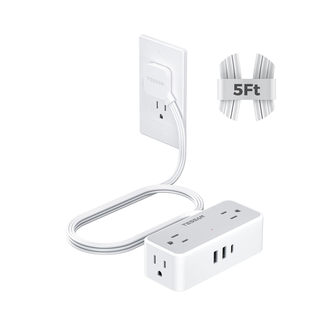 TESSAN Extension Cord 5 FT, Power Strip with 900J Surge Protection, Grey