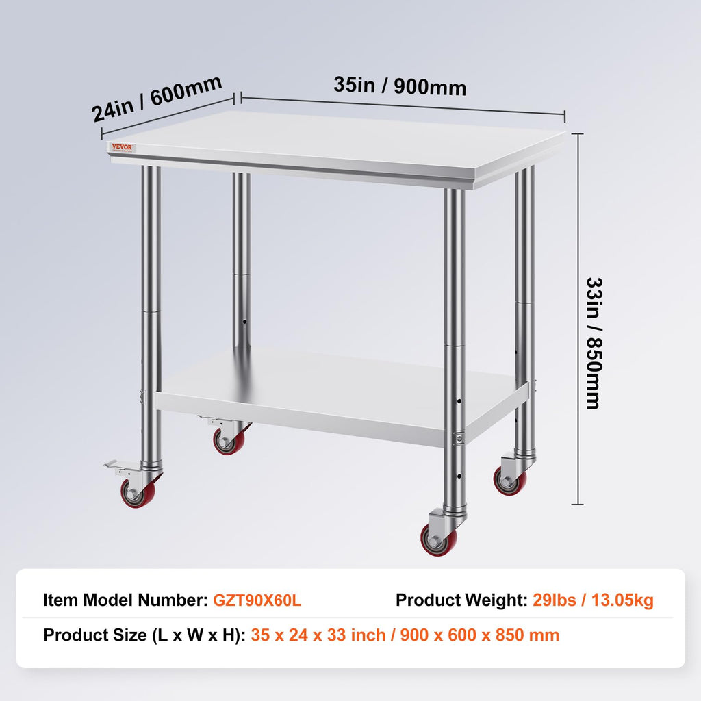 Vevor Mophorn Stainless Steel Work Table 36x24 Inch with 4 Wheels, Casters Heavy Duty Food Prep Worktable for Commercial Kitchen Restaurant, Silver